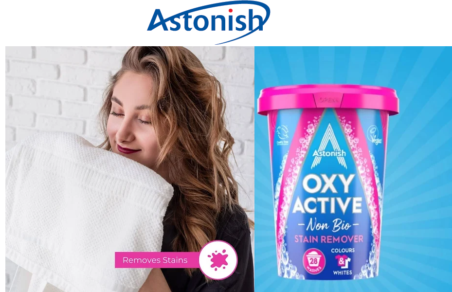 پودر لکه بر لباس استونیش Astonish مدل Oxy Active مناسب انواع لباس رنگی و سفید