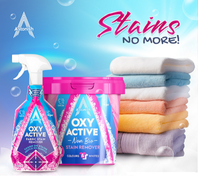 پودر لکه بر لباس استونیش Astonish مدل Oxy Active مناسب انواع لباس رنگی و سفید