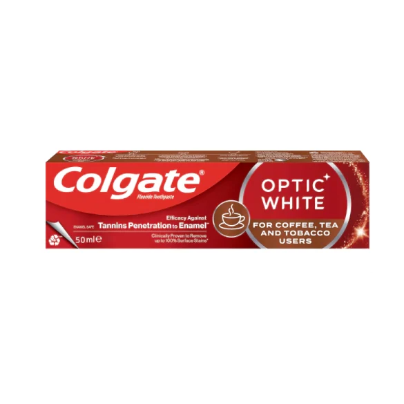 colgate-optic-white-tobacco-masokala.com خمیر دندان کولگیت مدل Optic White مخصوص چای، سیگار و قهوه