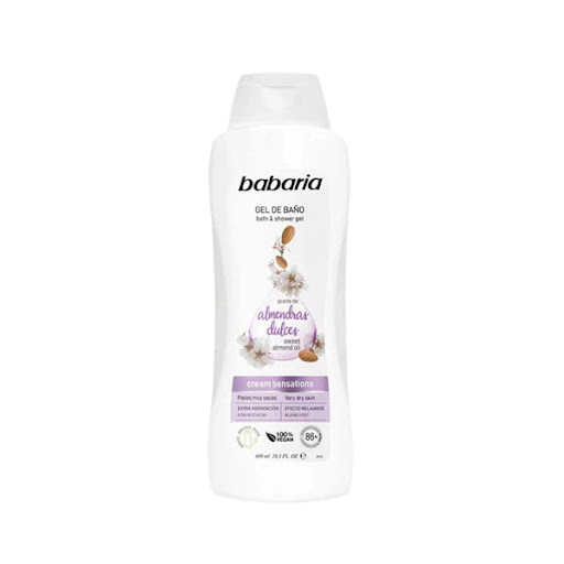 babaria-sweet-almond-body-wash-600ml-masokala.com شامپو بدن باباریا Babaria حاوي عصاره روغن بادام شيرين حجم 600 ميل