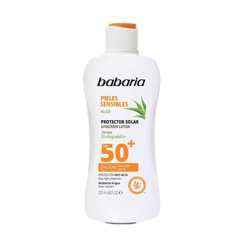 babaria-sensitive-skin-aloe-vera-sunscreen-200ml-masokala.com ضد آفتاب باباريا Babaria مناسب پوست های حساس حاوی آلوئه ورا حجم 200 ميل