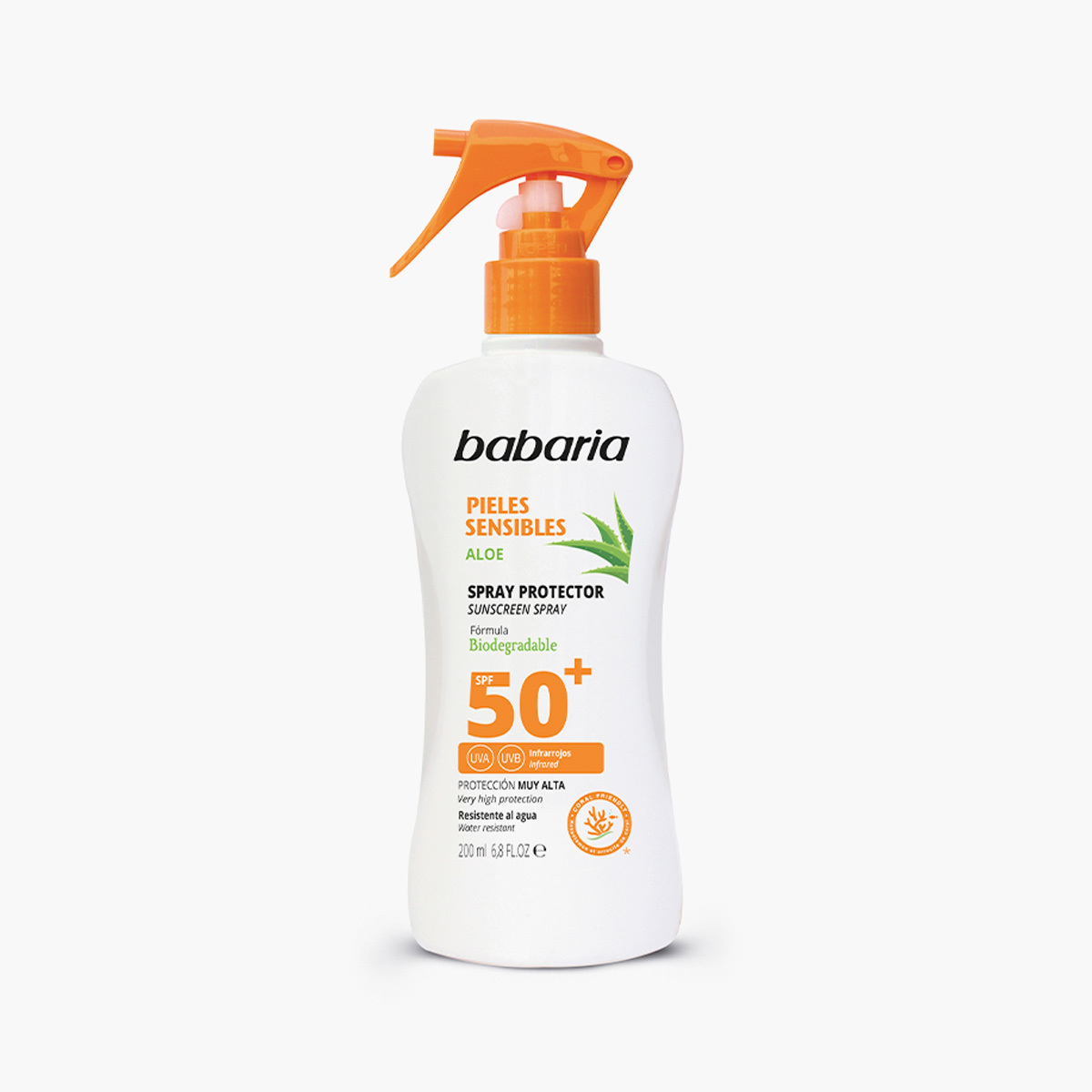 babaria-sensitive-skin-aloe-vera-sunscreen-spray-200ml-masokala.com اسپری ضد آفتاب باباريا Babaria مناسب پوست های حساس حاوی آلوئه ورا حجم 200 ميل